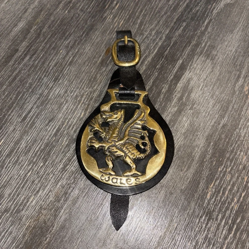 vintage leather Dragon strap brass medallion